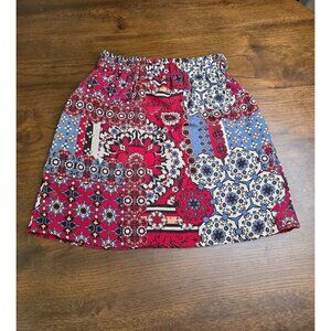 Red Blue Boho Elastic Waist Skirt S 100% Polyester Made In USA